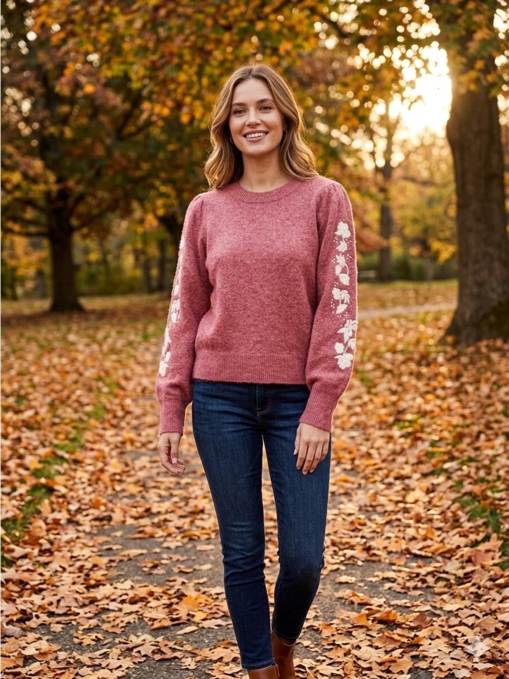 Cynthia Rowley Dusty Rose Crewneck Sweater - White Floral Sleeve Embroidery (L) - Picture 1 of 7